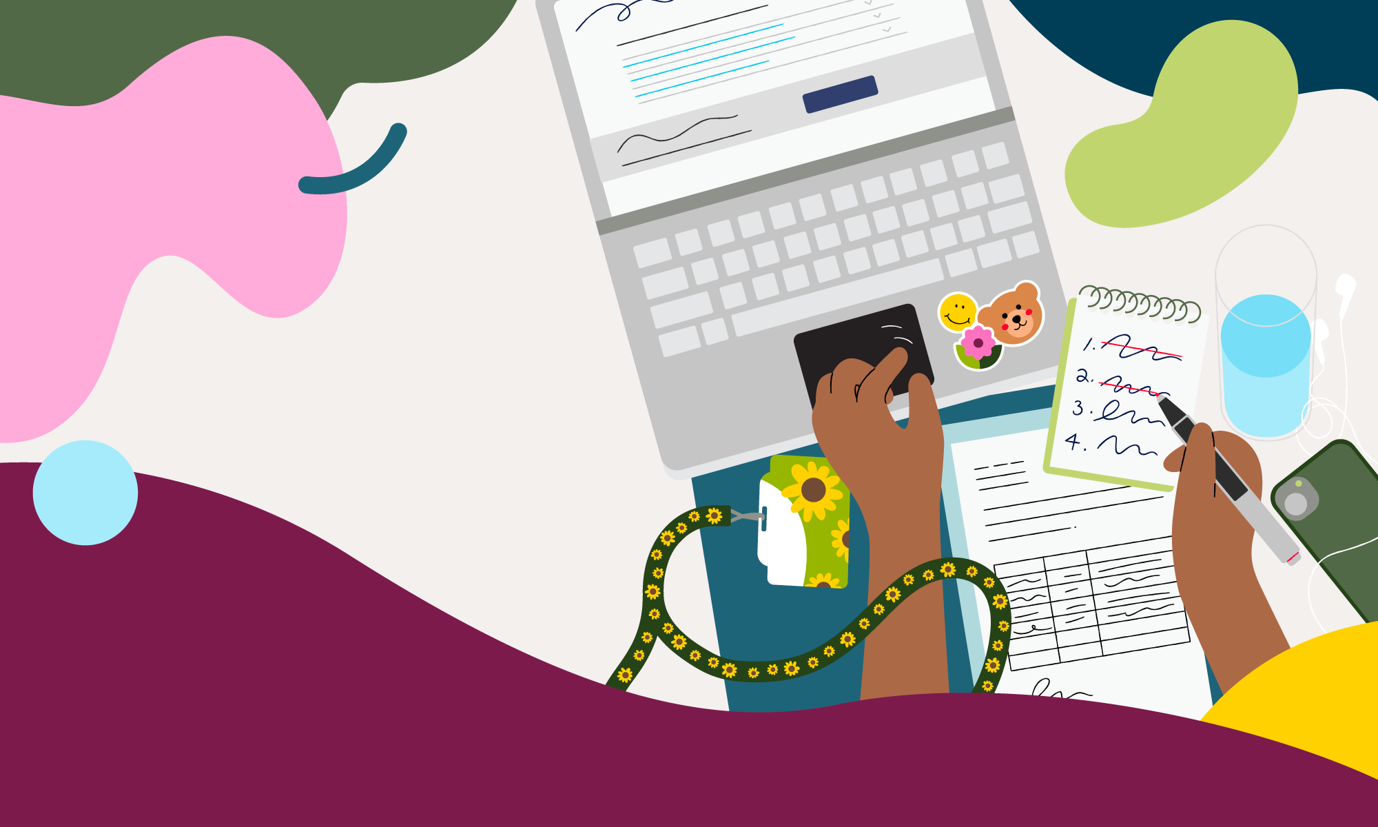 Person working at a desk with a laptop, notepad, stationery and a lanyard decorated with sunflowers. One hand on the laptop and the other writing on a numbered list.