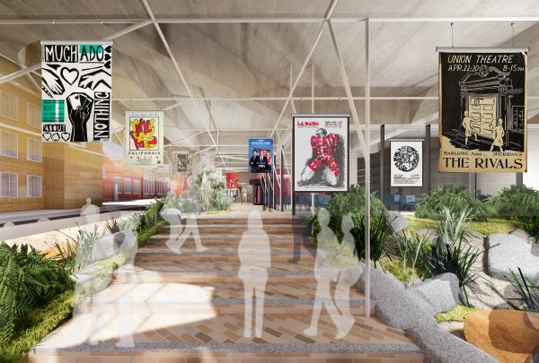 The undercroft of the new Arts and Cultural Building will provide easy access to the heart of the Precinct. The undercroft features flags from past productions produced at the University