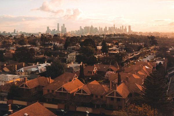 Distant Melbourne skyline seen from the suburbs.