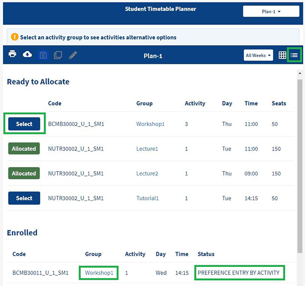 Screenshot of MyTimetable Planner showing a list of ready to allocate classes where the user can click the 'select' button to be allocated into a class. The image also shows the 'Enrolled' list below the Ready to Allocate list where the Status column reads "Preference entry by activity" to indicate that preference entry is open for this class.