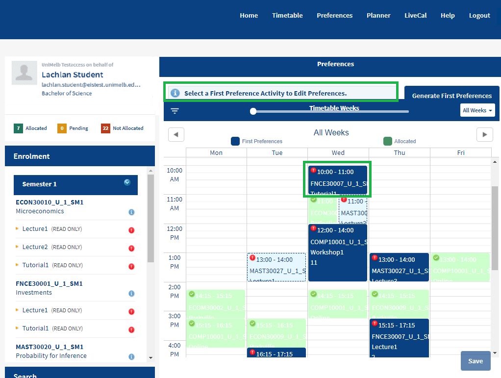 Screenshot of MyTimetable displaying Preferences tab after the user has selected 'Generate First Preferences'. The calendar of timetable weeks has populated with entries for each class type. First preferences are coloured navy blue and have a red exclamation mark flag on the top left. corner of each class entry indicates which classes are 