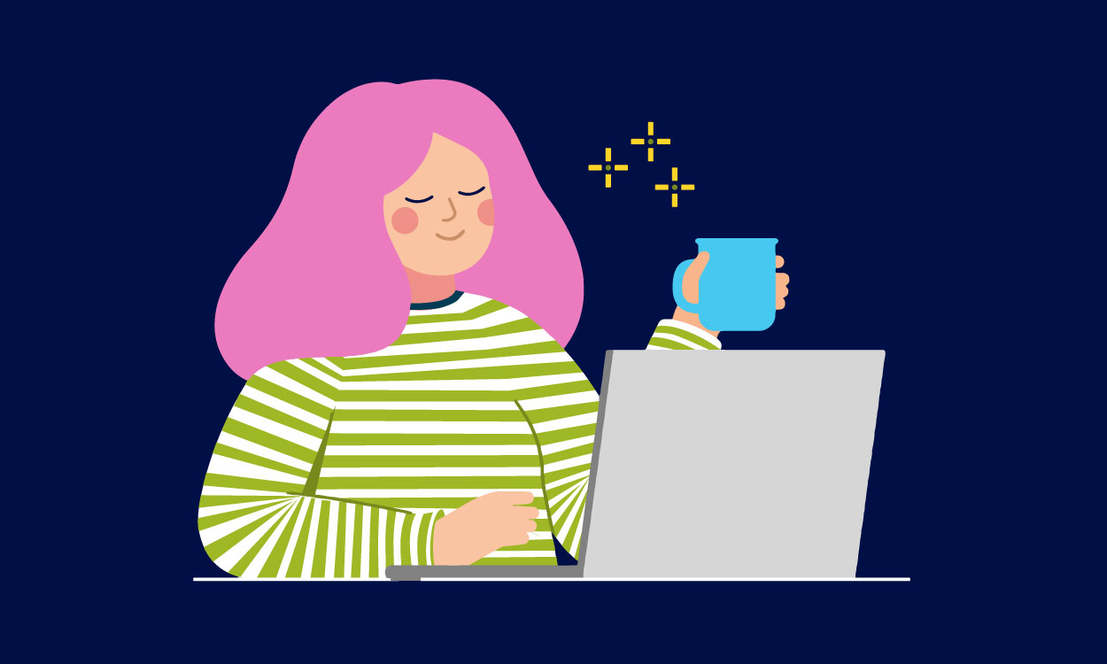 Graphic image of a student using their laptop while drinking a hot drink from a mug.