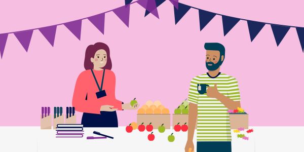 Graphic image of a student and staff member speaking at an Exam Support Stall.