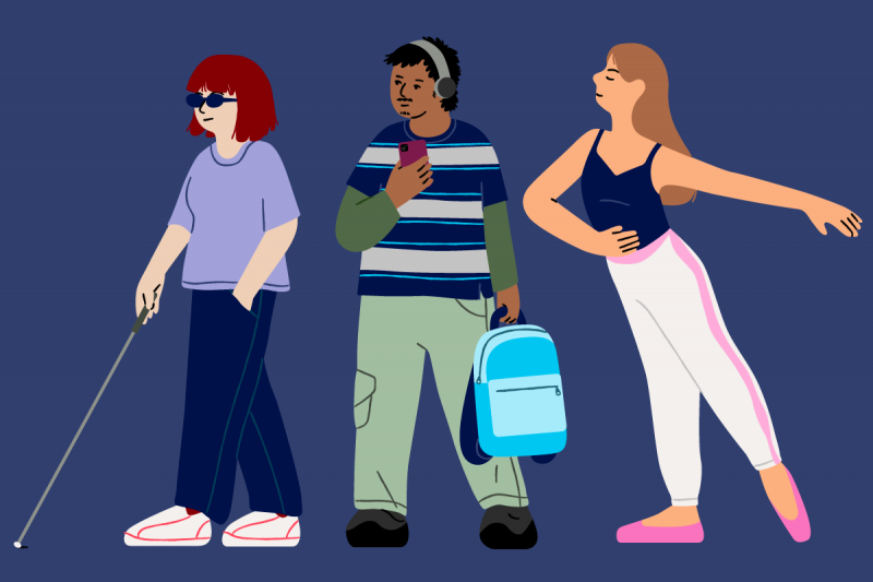 Three people standing side by side. One with a white cane, one with headphones and a smartphone, and one in a dance pose. Each is dressed in colourful outfits.
