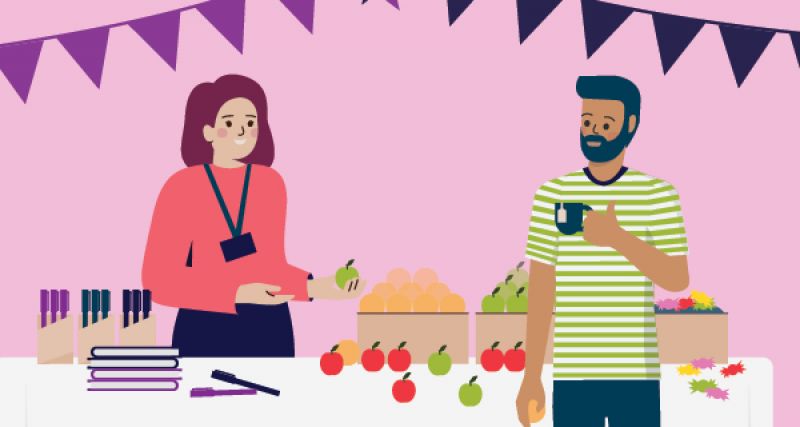 Illustration of a woman at a stall handing an apple to a man holding a mug, with notepads and fruit on the table.