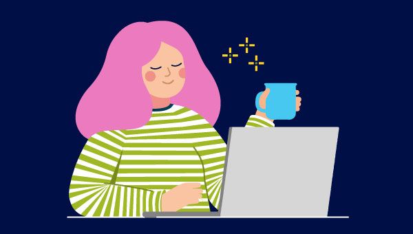 Graphic image of a student using their laptop while drinking a hot drink from a mug.