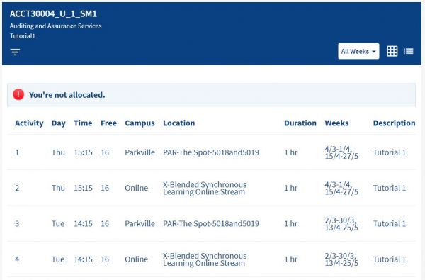 Screenshot from MyTimetable showing a class with location displaying as "blended synchronous learning".