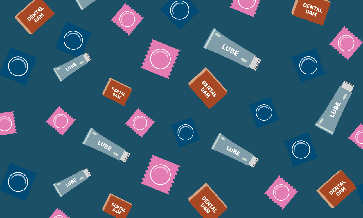 Graphic of an assortment of condoms, lubricant and dental dams 