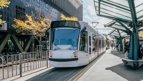 A D-class tram is arriving at Stop 1 tram spot outside the University of Melbourne's Parkville campus.