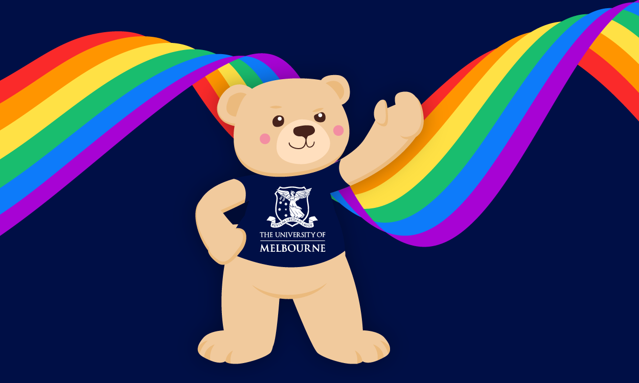 Graphic image of Uni Melb mascot Barry the Bear waving happily while standing in front of a rainbow.