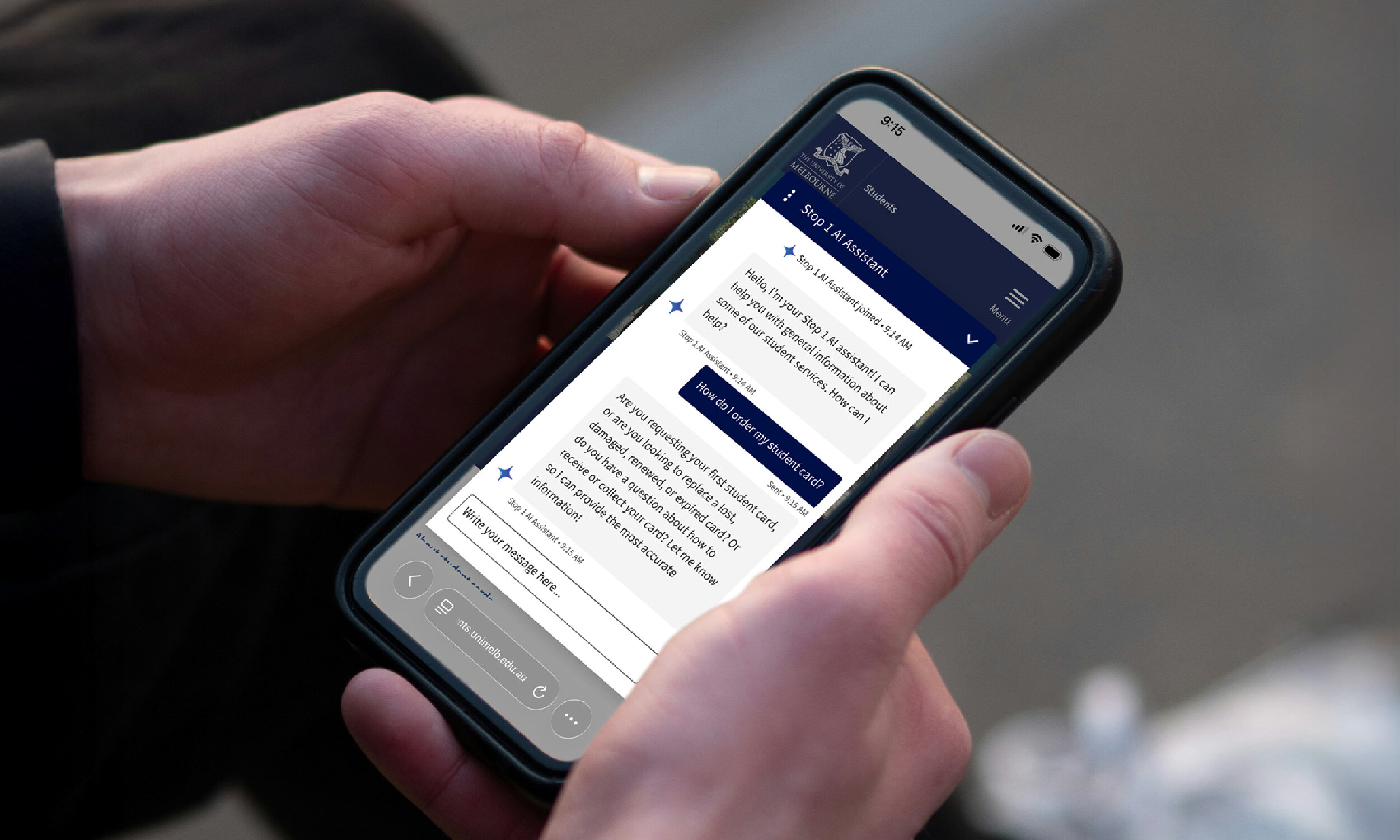 A student holding a smartphone showing the University of Melbourne Stop 1 AI Assistant chat interface