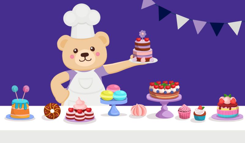 Graphic image of Barry the Bear making cake and sweets for a bake sale.