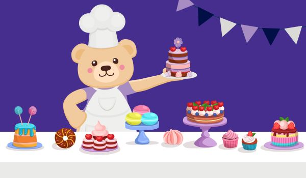 Graphic image of Barry the Bear making cake and sweets for a bake sale.