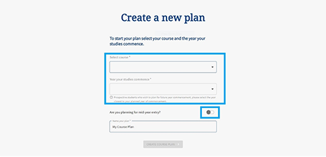 A screen shot of the introductory screen of 'My Course Planner', where students are asked to select their course and year of commencement, and indicate if they planning to commence mid-year. Students can also enter a name for their course plan.