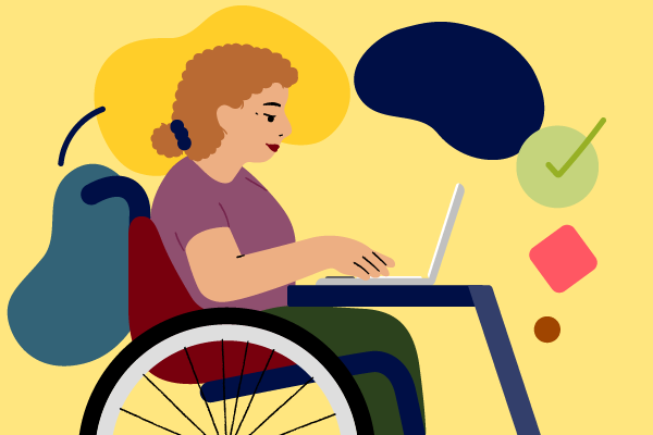 A student with curly hair using a wheelchair downloads their plan on a laptop and sends it to their subject coordinator to activate their supports. 