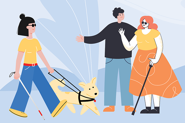 A group of three students, two blind /or low vision with a guide dog and another with a mobility cane using campus facilities.