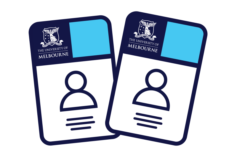 Two illustrated blue-and-white University of Melbourne student ID cards with profile placeholder icons.