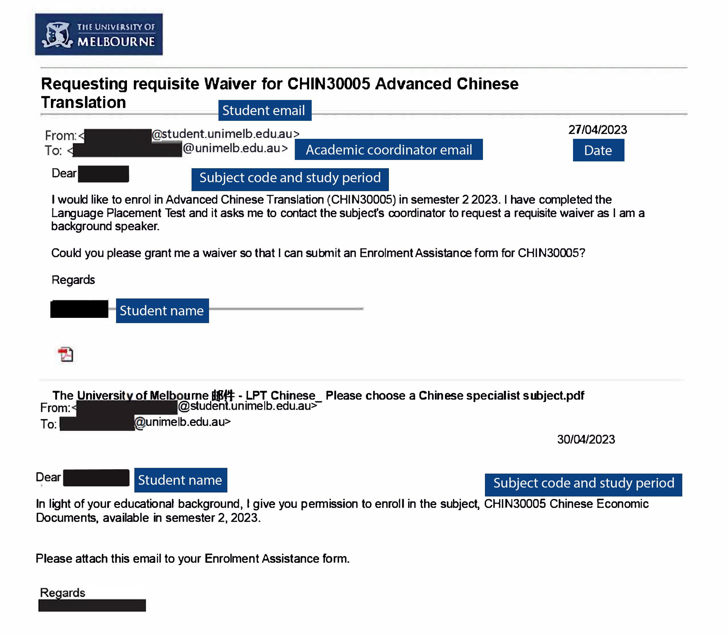 An email showing an Academic Coordinator providing a requisite waiver approval for a student.