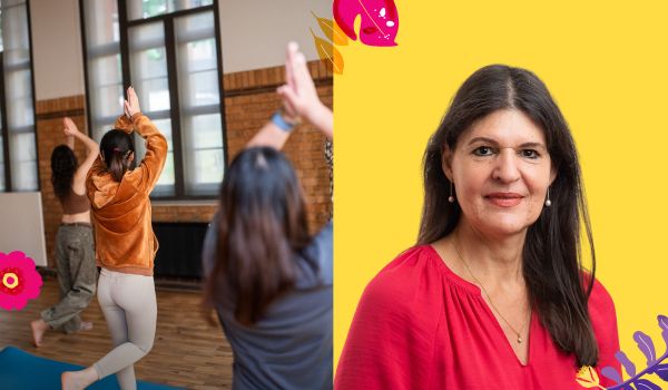 An image of people doing yoga and of guest speaker Associate Professor Magdalena Simonis AM