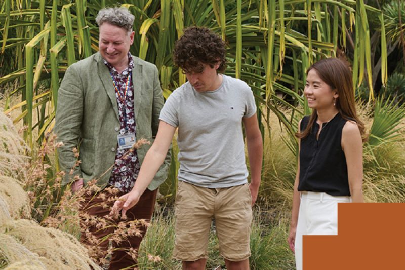 A man in a jacket and two students outdoors looking closely at garden plants.