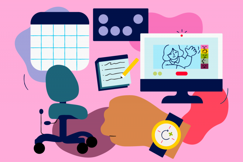 Collection of study items including a calendar, office chair, notebook, computer monitor with a person waving, and a wristwatch. 