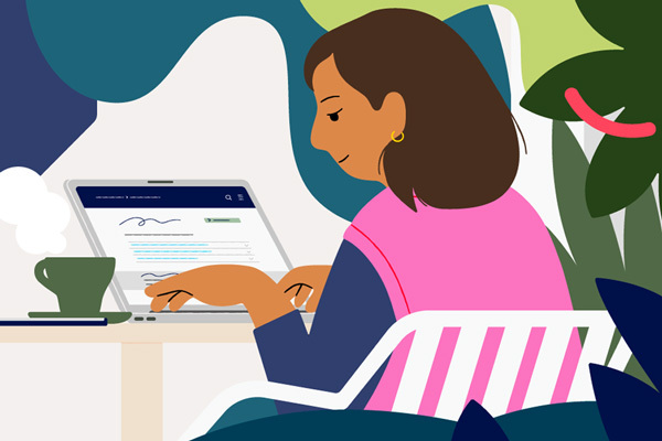 Illustration of a person with brown hair in a pink top working on a laptop. They are sitting at a table with a green cup, surrounded by abstract shapes and plants.