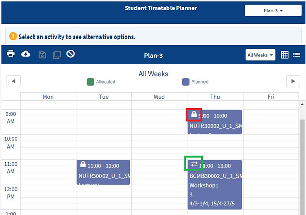 screenshot of MyTimetable displaying calendar view of a plan where a class has a lock symbol in the top right corner, indicating that there are no other options for this class. Another class has two arrows pointing in opposite directions in the same location, indicating that the user can select other options for this class.