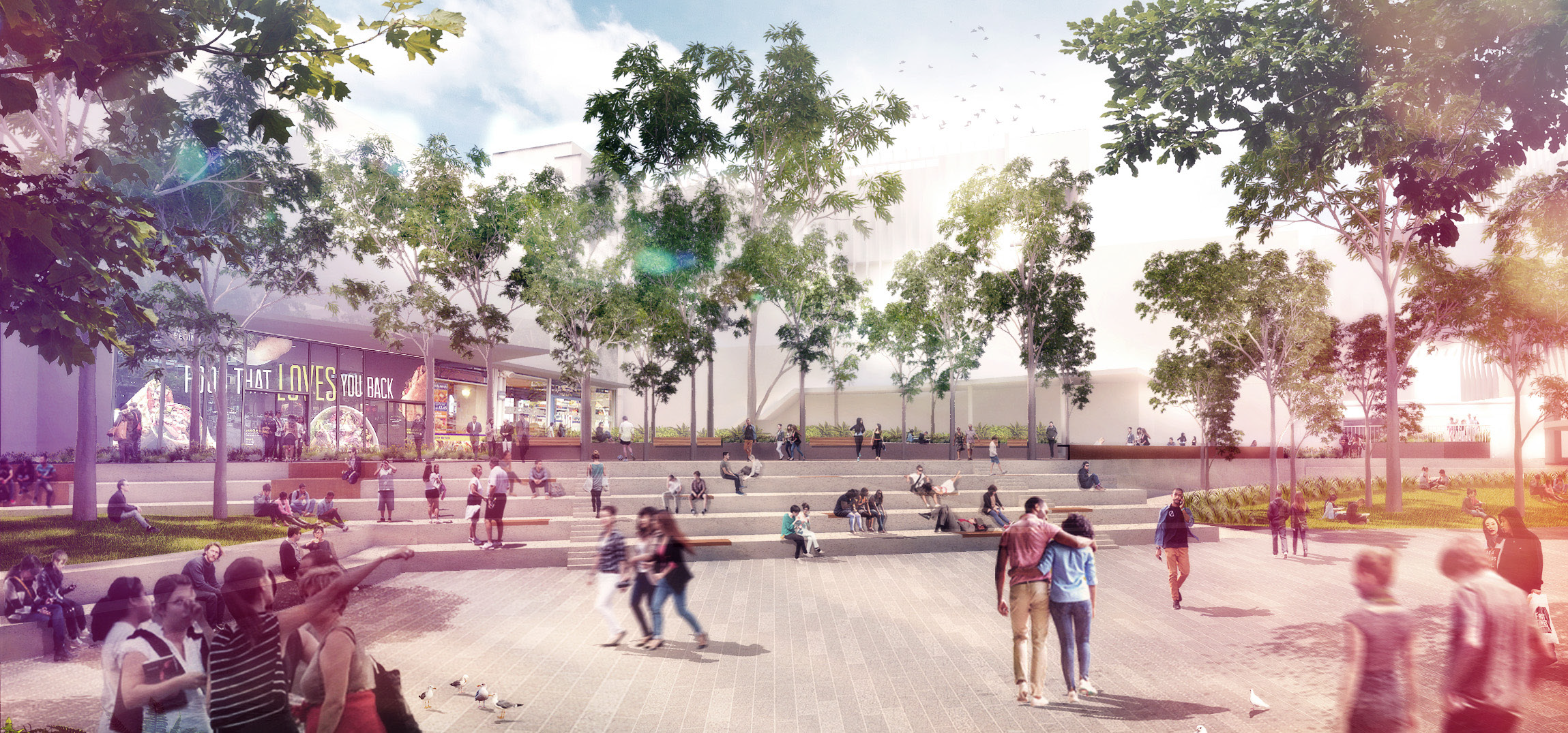 Concept design rendering showing landscape accross amitheatre looking towards the new Student Pavilion Building